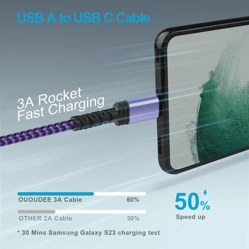 Vista 2 de Cable de carga USB C, cable de alimentación para teléfono Android, paquete de 3 unidades, trenzado USB A a tipo C, cable de carga rápida