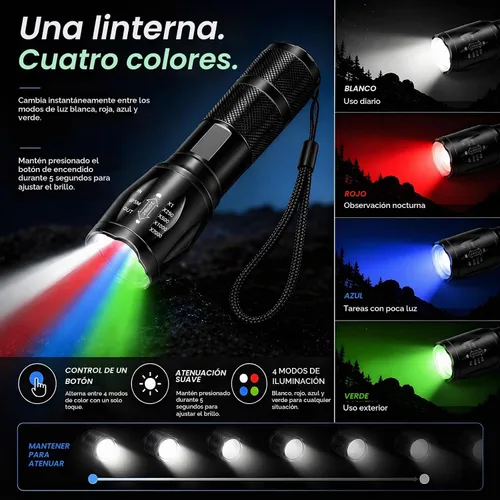 Vista 3 de Linterna recargable roja 4 en 1, linterna LED multicolor (blanco/rojo/azul/verde) con 4 modos, linterna con zoom de alto lúmenes para camping