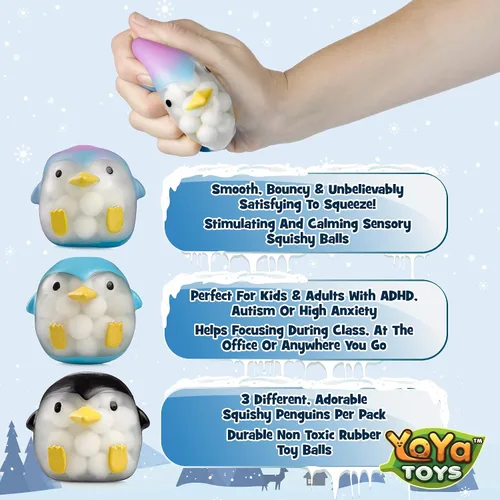 Vista 3 de Bolas de ADN de pingüino de YoYa Toys (paquete de 3) – Estimulantes, relajantes, esponjosos, sensoriales y juguetes para ansiedad para niños