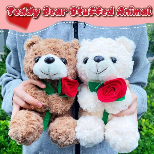 Vista 4 de Oso de peluche blanco de 9.84 pulgadas con flor para niñas y niños, bonito oso de peluche, regalos del día de San Valentín para novia, recuerdos