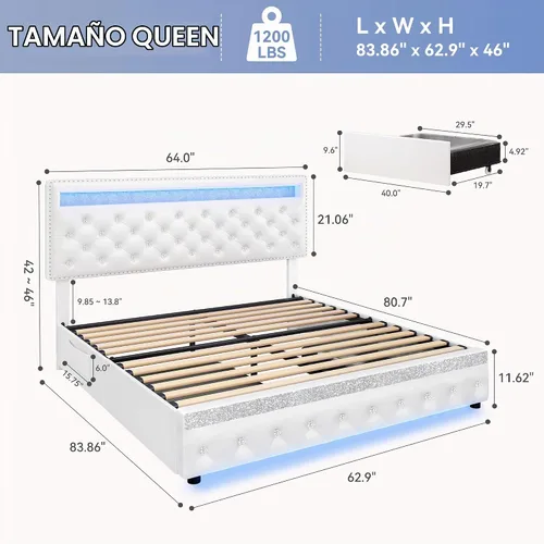 Vista 2 de Torana - Base de cama con luces LED, cabecero ajustable y 2 cajones, color blanco PU