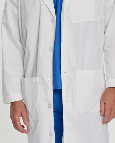 Vista 5 de Landau Abrigo de laboratorio para hombre de 41 pulgadas, longitud completa, 3 bolsillos, color blanco, uniforme médico