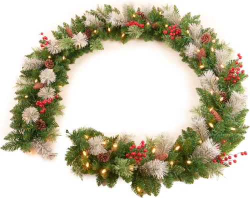 Vista 9 de Guirnalda de Navidad Preiluminada de 9 Pies con 70 Luces LED, Funciona con Baterías, Decoración Navideña para Repisa/Escalera/Interior/Exterior Verde