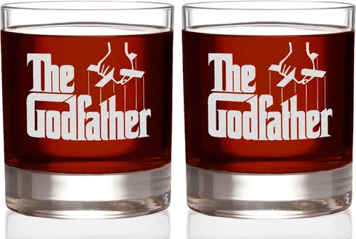 Vista 12 de Vaso de whisky oficial de Godfather Etched Rocks, con logotipo y cita "I'm gonna make him an offer he can't refuse", cristalería artesanal de alta
