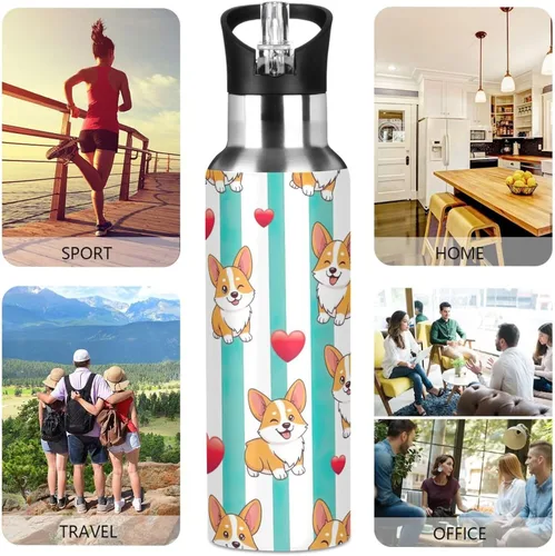 Vista 5 de Insulated Water Bottle 32 Oz, BPA-Free Sports Water Bottle with Straw for Gym Outdoor Travel School, Cute Dogs Aqua White