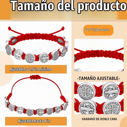Vista 2 de Paquete de 12/6 piezas Pulseras de San Benito Protección hechas a mano con cordón rojo y negro, pulseras de muñeca Benedict ajustables, medalla