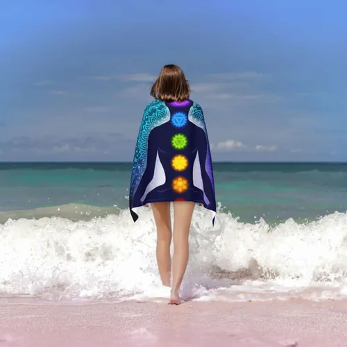 Vista 4 de Toalla de playa colorida con mandala de chakras, galaxia, a prueba de arena, toalla de baño grande para piscina, viajes, yoga, deporte, camping