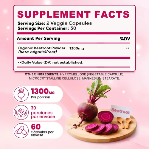 Vista 7 de Cápsulas de raíz de remolacha – 1300mg de polvo orgánico de raíz de remolacha, suplemento vegano y sin OGM para energía, resistencia y apoyo al