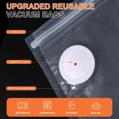 Vista 5 de 20 bolsas de sellado al vacío, bolsas reutilizables para sellar al vacío para alimentos, bolsas con cremallera al vacío sin BPA, bolsas Sous Vide