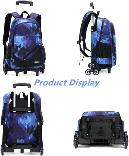 Vista 4 de Juego de mochila escolar con ruedas para niños de 3 piezas, NegroAzul Cielo Estrellado