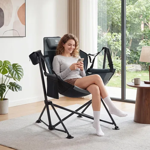 Vista 2 de EVER ADVANCED Hamaca acolchada para camping, silla columpio de gran tamaño resistente con portavasos desmontable, silla mecedora plegable portátil