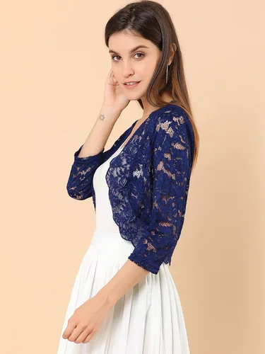 Vista 4 de Allegra K - Chaquetilla elegante para mujer de encaje floral traslúcido y manga 34