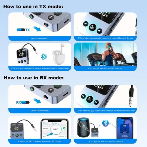 Vista 9 de Receptor transmisor Bluetooth, adaptador Bluetooth 5.3 2 en 1 para TV, avión, equipo de gimnasio, coches, PC, soporta 2 auriculares inalámbricos