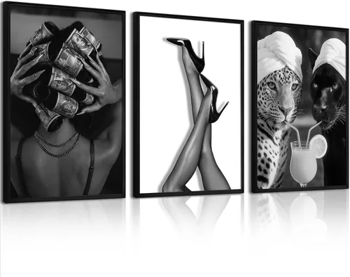 Vista 15 de Arte de pared de leopardo de moda, decoración de pared de guepardo blanco y negro, pósteres de lienzo estéticos de moda, impresiones de estocolmo