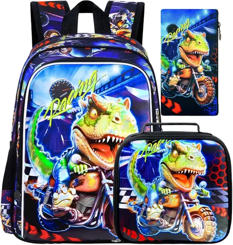 Vista 25 de CCJPX 3Pcs Backpack for Boys, 16 Inch Preschool Elementary Kindergarten School Backpacks and Lunch Box Aa1-dinosaurio Negro