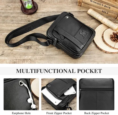 Vista 4 de BAIGIO Bolso bandolera de cuero pequeño para hombre bolso bandolera para viajes negocios trabajo