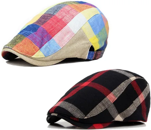 Vista 21 de Paquete de 2 gorras planas de algodón a cuadros para hombre, diseño de Ivy Cabbie Golf Gatsby