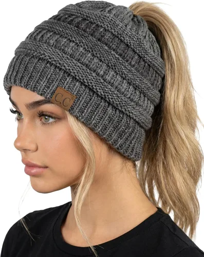 Vista 40 de Funky Junque Gorro de Cola de Caballo para Mujeres - Gorro de Invierno Ponyback Suave Elástico de Punto Trenzado Cola Alta Gorros para Correr
