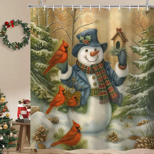 Vista 13 de Cortina de ducha de granja de Navidad para baño, decoración del hogar de árbol de Navidad de invierno, cortinas de baño de madera de puerta