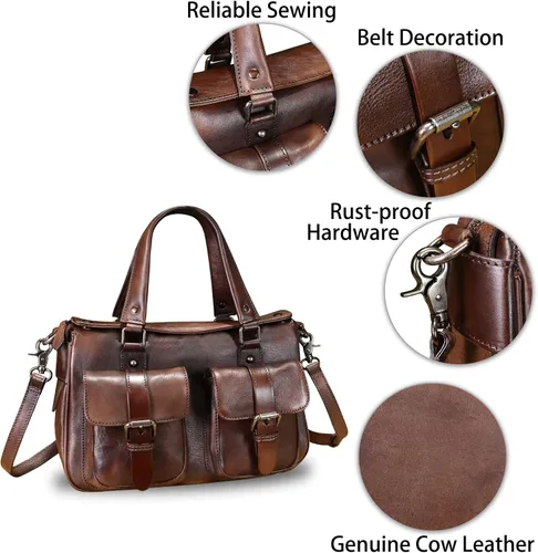 Vista 6 de Bolso de cuero genuino para mujer, estilo retro, hecho a mano, con asa superior, bolso de hombro, bolso cruzado de diseñador