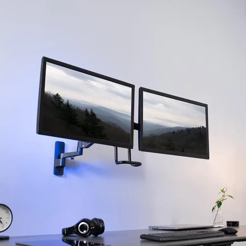 Vista 2 de VIVO Soporte de pared con brazo neumático de aluminio de alta calidad para 2 pantallas de hasta 27 pulgadas o 1 ultraancho de hasta 49 pulgadas