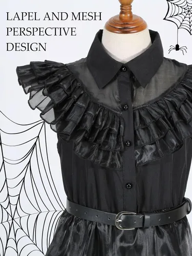 Vista 5 de Wednesday Addams - Disfraz para niñas, disfraz de Addams, disfraz de Halloween, disfraz de Navidad, fiesta