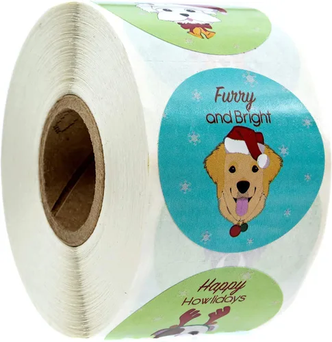 Vista 7 de Pegatina de Navidad de 1.5 pulgadas con huella de pata de perro / 500 calcomanías de Navidad por rollo