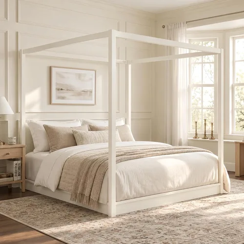 Vista 49 de Cama de plataforma con dosel de 4 pósteres de tamaño matrimonial con cabecero de listones verticales Negro-8.1