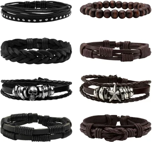 Vista 8 de Eigso Pulsera punk unisex de piel sintética con cuentas de madera para hombres y mujeres, cordón ajustable