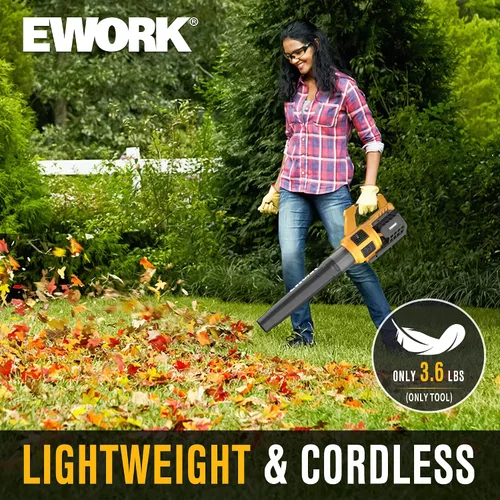 Vista 5 de EWORK Soplador de hojas inalámbrico de 21 V, potente modo turbo y 550 CFM, 2 baterías de 3.0 Ah y cargador rápido, sopladores de hojas eléctricos