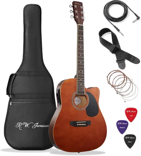 Vista 11 de Jameson Guitars - Guitarra eléctrica acústica Thinline de tamaño completo con funda y púas, negra, para diestros