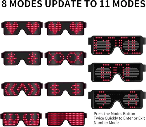 Vista 10 de Gafas LED dinámicas que brillan con luz LED recargable por USB, con luz intermitente de neón, 11 patrones, gafas luminosas