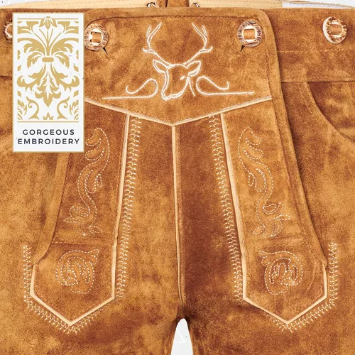 Vista 7 de BAVARIA TRACHTEN Lederhosen - Traje de cuero genuino para hombre traje de Oktoberfest alemán auténtico para hombre color marrón claro largo Marrón
