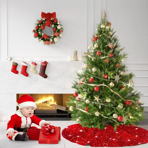 Vista 6 de MODFUNS Falda Roja para Árbol de Navidad Mini Faldas con Purpurina para Árbol de 21 Pulgadas Falda para Árbol de Navidad con Lentejuelas Tapete