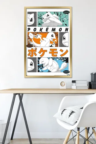 Vista 6 de Pokémon - Póster de pared de anime Trio, 34 pulgadas de largo x 22.4 pulgadas de ancho, versión con marco dorado