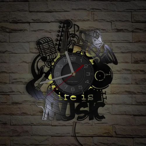 Vista 4 de Life Is Music - Reloj de pared LED de vinilo de 12 pulgadas con 7 colores que cambian silencioso, sin tictac, diseño moderno, música antigua, luz