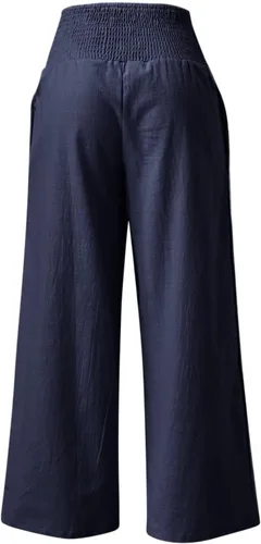 Vista 4 de SHAOBGE Pantalones palazzo de verano para mujer, cintura alta, pierna ancha, casual, cintura elástica, pantalones de playa con bolsillos