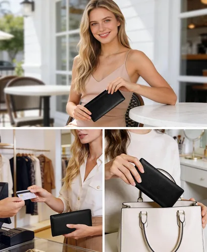 Vista 2 de Immaturus Cartera de Mujeres, Carteras de Tarjetas delgadas con bloqueo RFID, Organizador de Tarjeta de Crédito de Cuero PU doble con cremallera