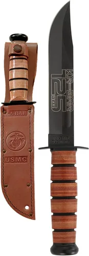 Vista 2 de KA-BAR USMC 125th Anniversary Cuchillo de hoja fija de 7 pulgadas con punta de clip 1095 Cro-Van Black Blade Ultramid Mango Negro