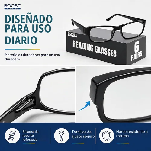 Vista 3 de Boost Eyewear Reading Glasses, Traditional Black Frames, with Spring Loaded Hinges