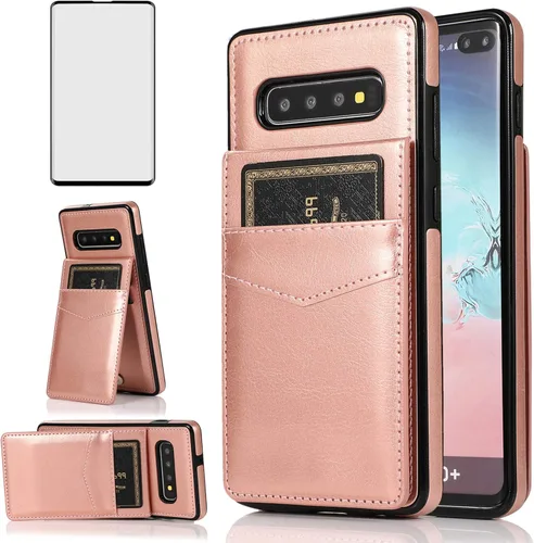 Vista 8 de Funda de teléfono para Samsung Galaxy S10 con protector de pantalla de vidrio templado y tarjetero para tarjetas de crédito, soporte de cuero Negro