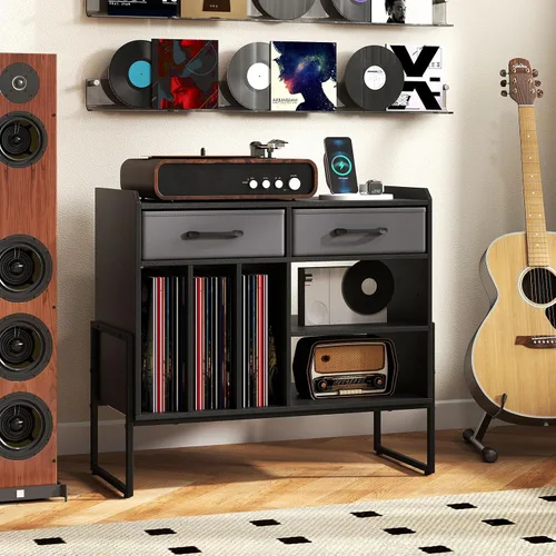 Vista 9 de Giantex Soporte grande para tocadiscos con estación de carga, moderno soporte giratorio con 2 cajones de tela y estante ajustable, mesa