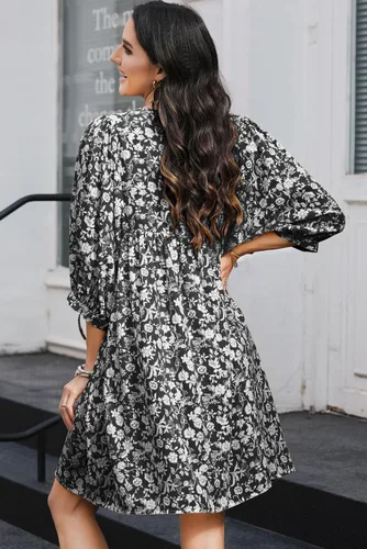 Vista 4 de Dokotoo Vestido de verano para mujer, casual, bohemio, floral, con cordón, cuello en V, manga de farol, de gasa, con vuelo, mini vestido de verano