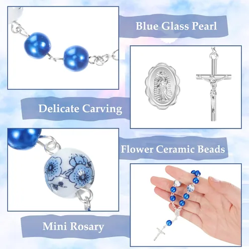 Vista 4 de Yinkin 50 mini rosarios azules de bautismo incluyen 25 rosarios azules de bautismo para bebé y 25 bolsas de organza, regalos de bautizo para bebé