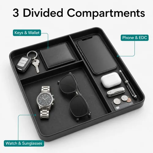 Vista 2 de VLANDO Valet Tray, PU Leather Nightstand Organizer with Divider Black