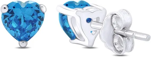 Vista 4 de Aretes de tuerca con piedra natal simulada en forma de corazón en oro blanco de 14 quilates sobre plata esterlina, regalo para ella