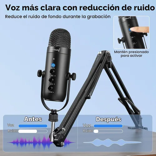 Vista 3 de ZealSound - Micrófono para podcast con brazo de brazo, micrófono USB con reducción de ruido, silencio, eco y control de volumen, monitoreo