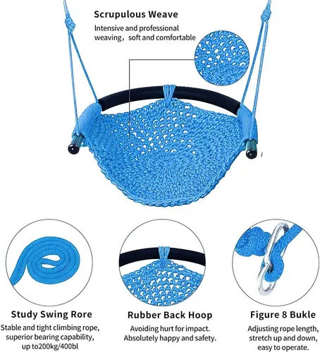 Vista 5 de Columpio tejido a mano para niños, columpio para niños con cuerdas ajustables, juego de columpio seguro para niños, para interiores, exteriores