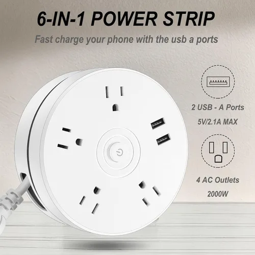 Vista 4 de Regleta retráctil con cable de extensión de 6 pies, 4 salidas + 2 puertos USB, portátil para viajes, hogar y oficina (blanco)