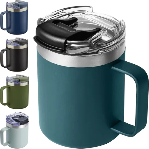 Vista 10 de Taza de café aislada de 12 onzas con asa, taza de café de viaje de acero inoxidable con tapa abatible, vaso de café de doble pared con aislamiento